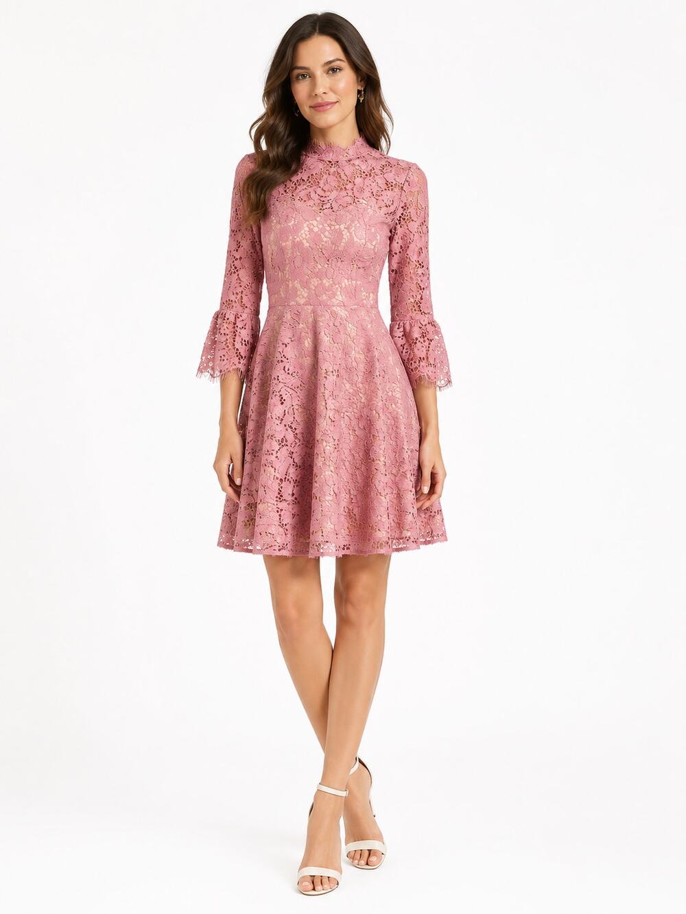 Eliza J Pink Floral Lace Fit & Flare Bell Sleeve Wedding Guest Dress 6